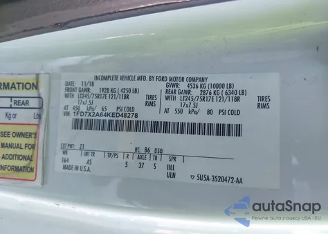 2019 Ford F-250 Xl из США, поврежденный, VIN 1FD7X2A64KED48278